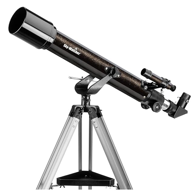 Sky-Watcher Mercury-707 Refraktor in Silber auf seinem Aluminiumstativ